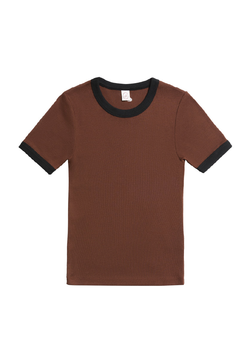 June t-shirt in brown with black trim