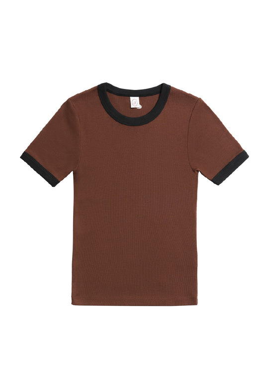 June t-shirt in brown with black trim